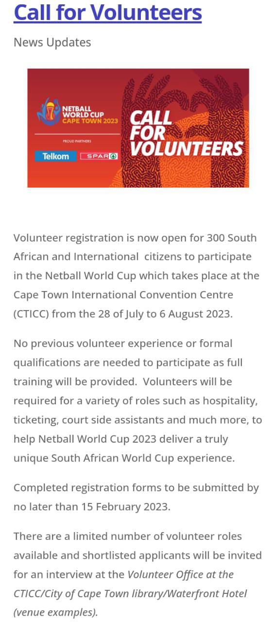 Call for volunteers Netball World Cup. 